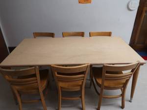lot 201 image: 6 WOODEN STUDENT CHAIRS AND WOODEN TABLE
