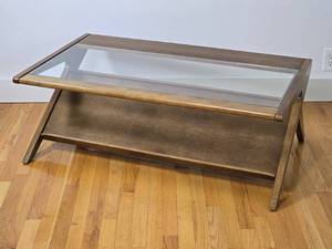 lot 4 image: MCM Pecan Boomerang Coffee Table with Glass Insert & Magazine Shelf, 1 of 2