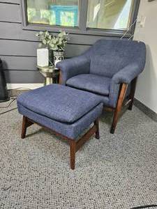 lot 6 image: Teak Frame Blue Lounge Chair and Ottoman