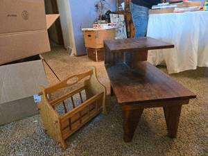 lot 42 image: Vintage Step Table and Wooden Magazine Rack