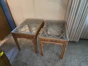 lot 43 image: Rattan Glass Top End Tables