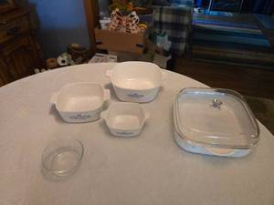 lot 58 image: CorningWare Baking Set, Glass Lid, and Mugs