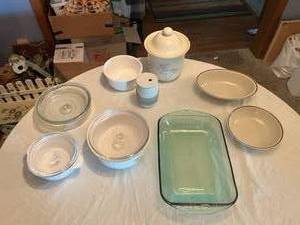 lot 63 image: Kitchenware Lot including Anchor Hocking Baking Dish, Ceramic Cookie Jar, and Pyrex Casserole Dishes