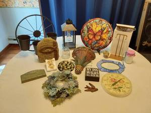 lot 95 image: Wagon Wheel Planter, Lantern, and Stained Glass Panel