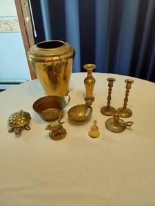 lot 98 image: Brass Decorative Items including Large Vase, Candlesticks, and Figurines