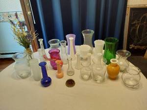 lot 101 image: Collection of Vases and Flower Frog, including Milk Glass Vases