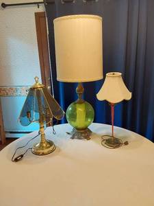 lot 113 image: Three Table Lamps Including Green Glass and Brass Models