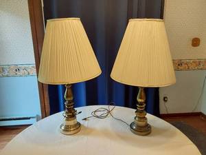 lot 114 image: pair of Brass Style Lamps with Pleated Shades