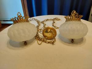 lot 119 image: Pair of Vintage Frosted Glass and Brass Hanging Pendant Lights