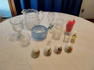 lot 131 image: Glassware and Decorative Items including Glass Pitcher, Vases, and Decorative Eggs