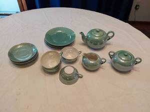 lot 140 image: Vintage Green Ceramic Tea Set with Plates and Bowls