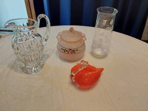 lot 143 image: Glassware including Vintage Pitcher, Decorative Vase, and Candy Dish