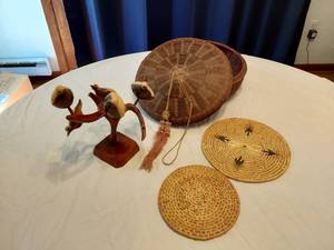 lot 153 image: Wooden Bird Sculpture and Woven Baskets