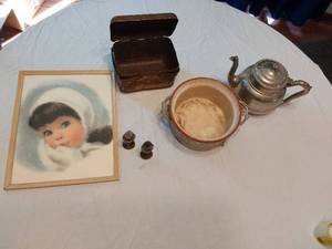 lot 154 image: Guernsey Cooking Ware Pot, Silver Teapot, and Vintage Items