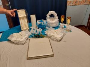 lot 173 image: Wedding Ceremony Set including Unity Candle, Ring Pillows, and Flower Basket