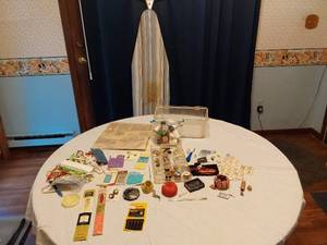 lot 178 image: Sewing and Craft Supplies with Ironing Board and Small Table