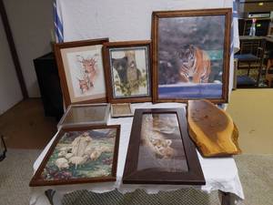 lot 204 image: Framed Wildlife and Religious Art Prints with Wooden Clock