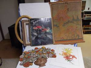 lot 205 image: Anne Geddes Print, Vintage Tapestry, and Decorative Floral Wall Art
