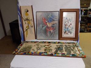lot 206 image: Framed Bird Artworks Including Mosaic Piece and Parrot Paintings