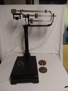 lot 211 image: Vintage Chicago Scale Company Balance Scale with Weights 27 Tall