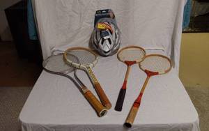 lot 215 image: Tennis Rackets and Bell Helmet Lot