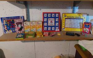 lot 229 image: Educational and Game Items Lot including Flash Cards, Reward Chart, and Bunco Game
