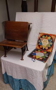 lot 242 image: Small Antique Wood and Metal School Desk with Chinese Checkers Game