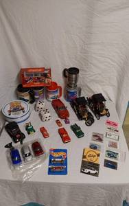 lot 251 image: Assorted Diecast Model Cars and Memorabilia Lot including Coca-Cola Poster Car Collection, Hot Wheels, and Classic Car Show Cards