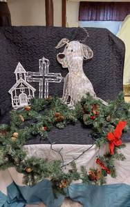lot 321 image: Holiday Decorations including Lighted Dog, Church, Cross, and Garland
