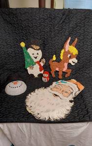 lot 322 image: Lot of Vintage Christmas Decorations including Santa, Snowman, and Reindeer Wall Hangings