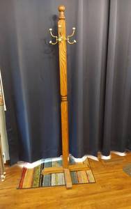 lot 366 image: Wooden Coat Rack with Brass Hooks