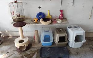 lot 375 image: Pet Supplies including Bird Cage, Cat Scratching Post, and Litter Boxes