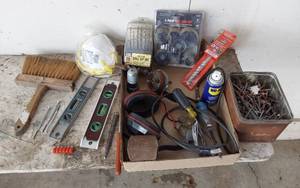 lot 377 image: Tools and Hardware Lot including Drill Bit Set, Hole Saw Set, WD-40, and Assorted Nails