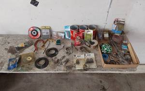 lot 384 image: Assorted Hardware and Tools Lot including SKIL Grinding Wheel, Wire Connectors, and Hooks