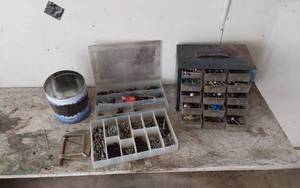 lot 395 image: Assorted Hardware and Fasteners including C-Clamp, Metal Box with Drawers, and Organizer