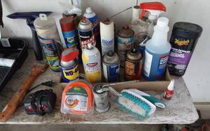 lot 398 image: Lot of Used Automotive and Cleaning Supplies Including WD-40, Brake Parts Cleaner, and Detailer Wipes