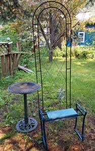 lot 415 image: Garden Trellis, Bench, Bird Bath and Metal Table