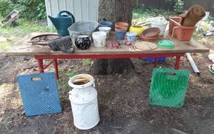 lot 416 image: Lot of Gardening and Outdoor Decor Items including Pots, Tools, and Accessories