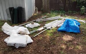 lot 419 image: Portable Shed Frame and Accessories - Tarps have seen better days