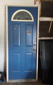 lot 425 image: Blue and Wood Textured Door with Frame and Glass Inserts