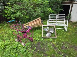 lot 420 image: Vintage Metal Garden Bench, Cart, Fan, and White Metal Bench