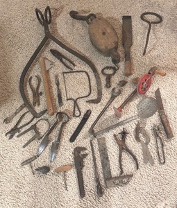 lot 109 image: Variety of Vintage Tools including Ice Tongs, Pulleys, Wrenches, Saw, Chisel and More