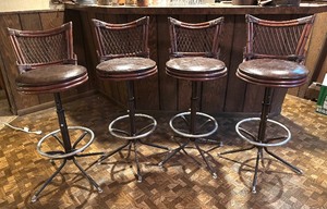 lot 120 image: Set of Four Mid Century Stools with Wooden Backs and Padded Seats