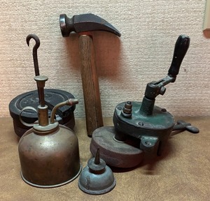 lot 144 image: Vintage Goodies including Oil  Ink Cans, Weights, Hammer and More