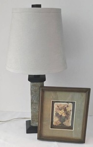 lot 45 image: Stone & Wood Column Vase & Framed Tile Wall Art