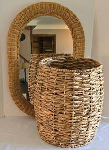 lot 57 image: Wicker Framed Mirror & Large Wooden Basket