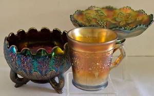 lot 60 image: Vintage Fenton Carnival Glass Candy Dish Grapevine Pattern, Vintage Fenton Orange Tree Footed Bowl & More