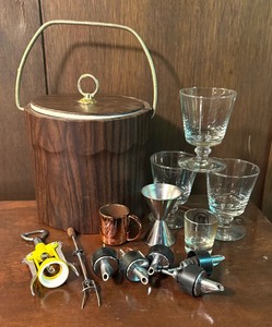 lot 161 image: Vintage Ice Bucket, Stemware, Jiggers, Wine Opener, Bottle Stoppers and More