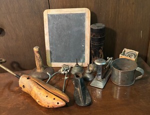 lot 167 image: Vintage Finds including a Chalkboard, Shoe Forms, Oil  Ink Cans, Drill Bit Set, Educational Gyroscope and More