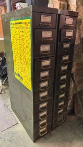 lot 212 image: Two Tall Metal Multi- Drawer Organizers with Various Helpful Finds